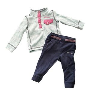 Teal & Navy 12 month Eddie Bauer jogger outfit.